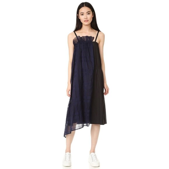Public School Dresses & Skirts - NEW PUBLIC SCHOOL Blue Black Plaid Flannel Mixed Silk Cotton Ema Midi Dress XS